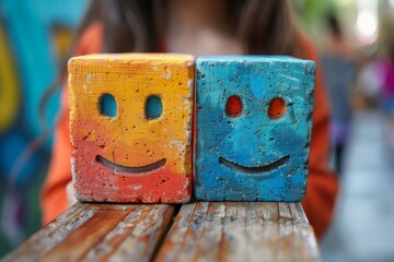 Two square painted emoticon blocks with smiling faces on a wooden table spark joy and positivity