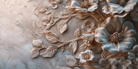 Sculpture of flowers and leaves in metal relief on wall. Generative AI