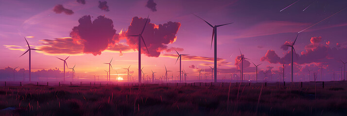 Eco-Friendly Power Generation: Silhouettes of Wind Turbines Backlit by Stunning Sunset - obrazy, fototapety, plakaty