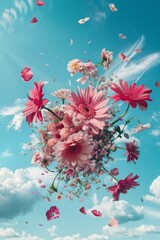 A magical explosion of pink flowers and delicate petals suspended in a clear blue sky, embodying a feeling of springtime freedom and wonder..