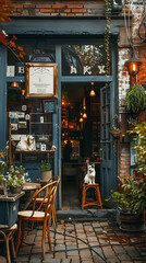 studio shot of A cafe with a resident cat or dog that greets customers at the door, realistic travel photography, copy space for writing