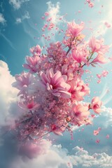 A magical explosion of pink flowers and delicate petals suspended in a clear blue sky, embodying a feeling of springtime freedom and wonder..