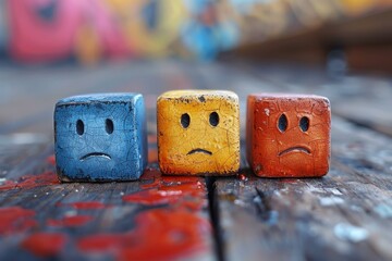 Three wooden cubes painted in different colors depicting sad faces stacked on a weathered surface