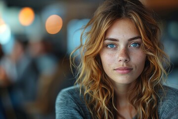 High-resolution image capturing the woman's dappled freckles and mesmerizing light blue eyes with a soft look - obrazy, fototapety, plakaty