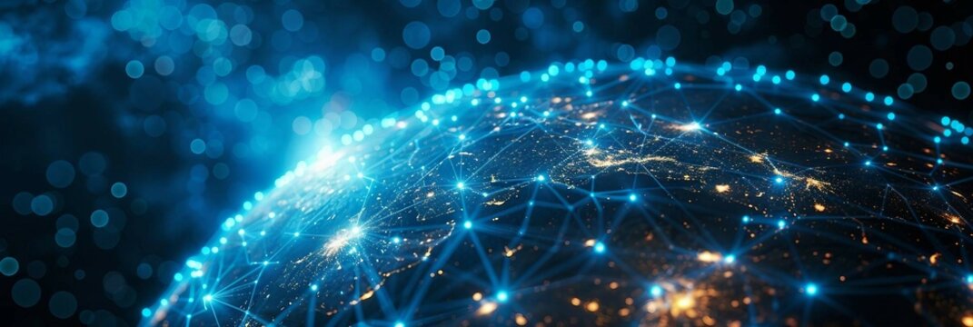 blue hologram globe with world map with glowing data streams, ai global communication networks, virtual reality simulations, geospatial data visualization, and interactive educational experience.
