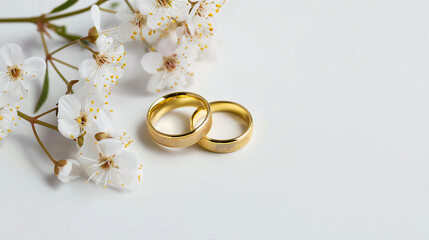 Obraz na płótnie Canvas Elegant Gold Wedding Rings Amidst Cherry Blossoms on a White Backdrop