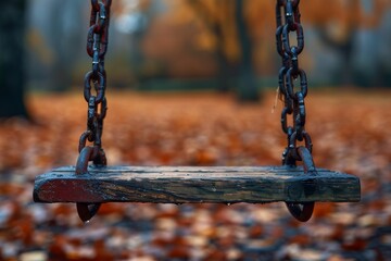 An empty wooden swing with rusty chains hanging among fallen leaves in a desolate autumn park scene