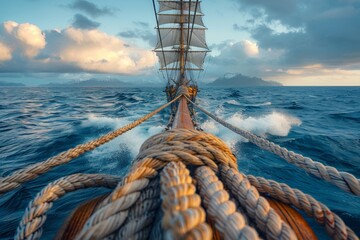 Majestic tall ship sailing into the open sea, with a dramatic sky and rope details in the foreground