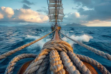 Fotobehang Majestic tall ship sailing into the open sea, with a dramatic sky and rope details in the foreground © Larisa AI