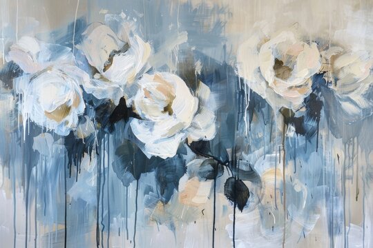 Modern abstract canvas painting depicting flowers in a blend of blue, white, and neutral tones with expressive brush strokes..