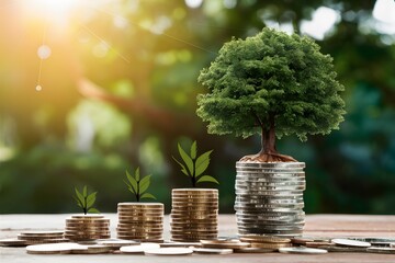 Stack of coins with tree symbolizing investment growth concept