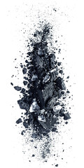 Charcoal, realistic bamboo coal or carbon powder splash of piece particles, 3D background. Black charcoal explosion in macro closeup of floating coals with dust cloud