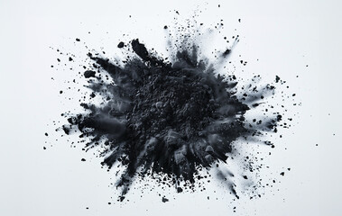 Charcoal, realistic coal or carbon particles explosion with powder splash on 3D background. Black charcoal dust or graphite powder explode - obrazy, fototapety, plakaty