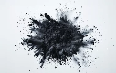 Rolgordijnen Charcoal, realistic coal or carbon particles explosion with powder splash on 3D background. Black charcoal dust or graphite powder explode © Ron Dale