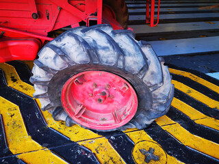 big flat tyre of old used buldozer