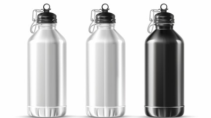A vector graphic portrays realistic 3D white, silver, and black empty glossy metal reusable water...