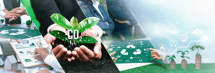 Green business ESG management tool to save world future concept model case idea to deal with bio carbon waste cycle data for better day of city life while building jobs, money, LCA tax and profit . - obrazy, fototapety, plakaty