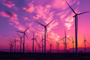 Rolgordijnen Eco-Friendly Power Generation: Silhouettes of Wind Turbines Backlit by Stunning Sunset © Antonio
