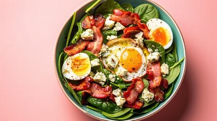 A Bowl of Spinach Salad with Bacon Egg and Blue