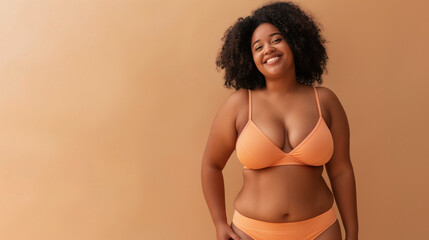 Body positive woman in underwear lingerie. Young woman happy smiling for studio shot. Natural beauty and women body positive of diverse people