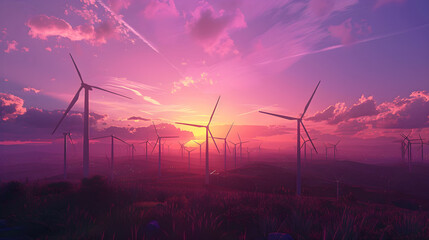 Eco-Friendly Power Generation: Silhouettes of Wind Turbines Backlit by Stunning Sunset - obrazy, fototapety, plakaty