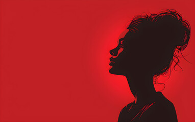 International Women's Day banner with a feminist graphic poster featuring a strong woman profile inspiring others, with red silhouette and copy space. Suitable for women's rights events and activism. - obrazy, fototapety, plakaty