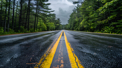 Rain-Washed New Hampshire Road Amidst Verdant Forests Under Overcast Skies