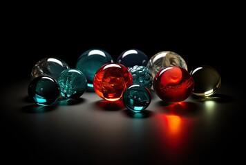 Colorful glass marbles on a wooden table. Selective focus.