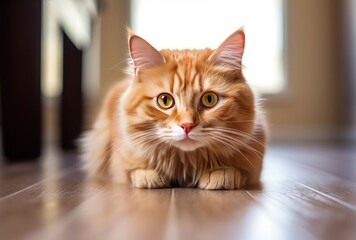 Beautiful ginger cat lying on the floor, looking at the camera