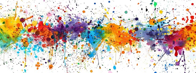 Multicolored Chaos Paint Splashes on White Background Banner