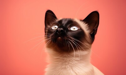 Close-up portrait of a siamese cat on a red background