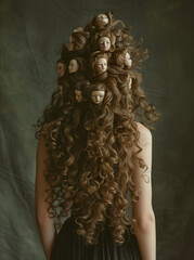 Dolls in the hair. Minimal creative hairstyle concept.Suitable for advertisements for hair salons