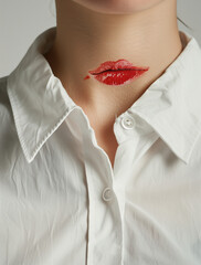 Girl with a lipstick mark from lips that kissed her on the neck.Minimal creative emotional and fashion concept.