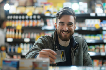 Happy male customer paying with a credit card in a store. Generative AI