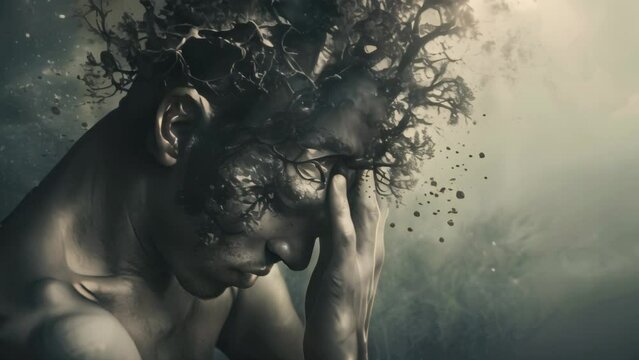Artistic depiction of a man with a tree branch silhouette for hair, touching his face in contemplation