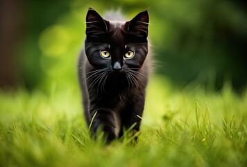 Beautiful black cat with yellow eyes walking on the green grass.