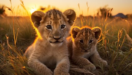 Lion cubs in the grass at sunset in Serengeti National Park, Tanzania