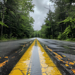 Rain-Washed New Hampshire Road Amidst Verdant Forests Under Overcast Skies