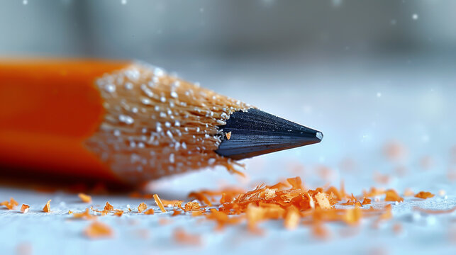 Close-up of an orange pencil with shavings presented on a white surface. The concept of the beginning of the school year.