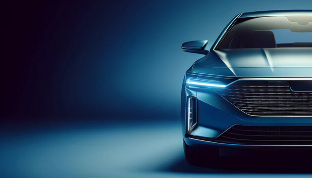 Front view of a generic and brandless sleek blue model car on a blue background