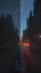Compare and Contrast: Normal Eye Vision versus Night Blindness Symptoms in a Street Scene at Dusk