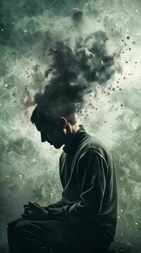 Person with head disintegrating into particles on a dark smoky background. Concept of mental health