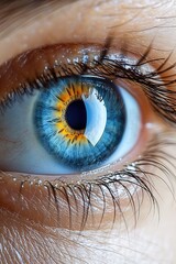 A close up of a person's eye with a blue iris and a yellow line