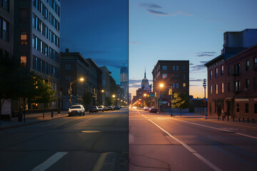Fototapeta na wymiar Compare and Contrast: Normal Eye Vision versus Night Blindness Symptoms in a Street Scene at Dusk