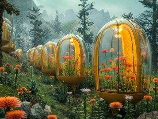 An arboretum housing rare plants in protective glass capsules - obrazy, fototapety, plakaty