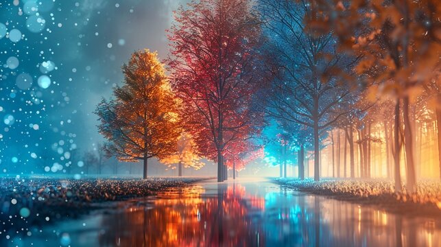 A season cycling through a timespace continuum, with transitions between winter, spring, summer, and autumn merging