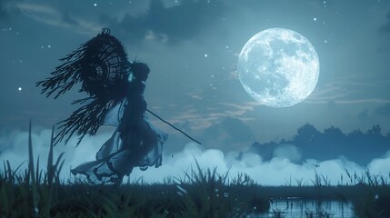 Phi Krahang ghost flying over rice fields under a full moon, using a large basket as wings and a pestle tied to his leg