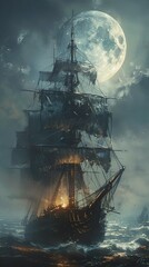 A black pirate ghost aboard an old galleon, the ship adrift on foggy seas under a full moon