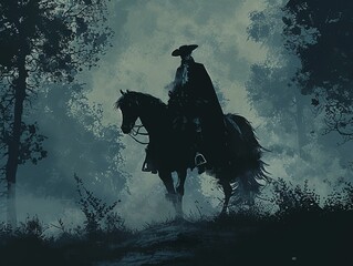 A headless man in colonial attire, riding a spectral horse through a foggy forest - obrazy, fototapety, plakaty
