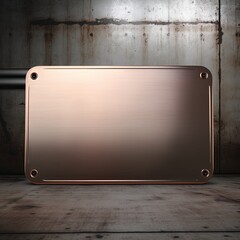 Beige large metal plate with rounded corners is mounted on the wall. It is a 3D rendering of a blank metallic signboard in a copper color with reflections on an industrial concrete background. 